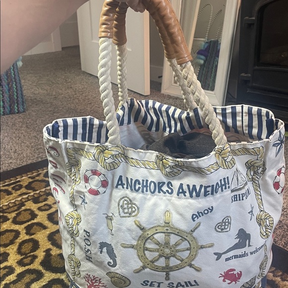 Brighton Nautical Rope Handle Beach Tote Bag – Anchor & Lifesaver Print, 16x15x8 - Picture 2 of 9